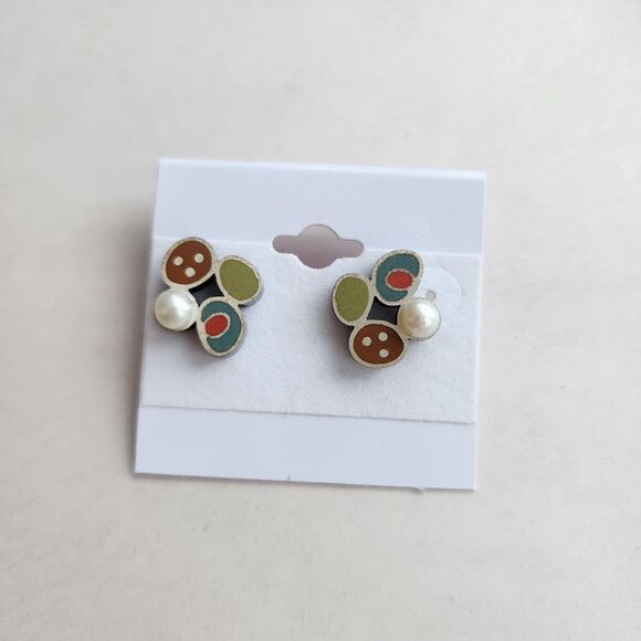 Susan Kinzig Design Four Clover Earrings Blue Clay & Pearl Post Back 925 Silver - Picture 3 of 11